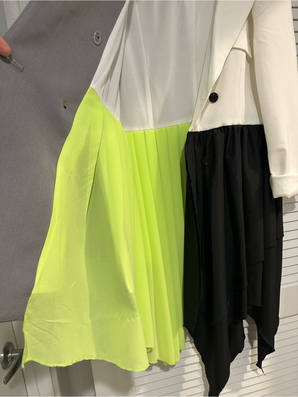 Colorblock Asymmetrical Pleated Skirt in Neon Lime, Black & White